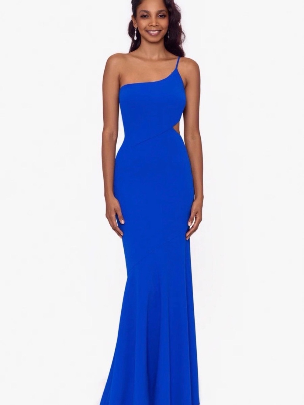 Betsy & Adam One-Shoulder Cobalt Blue Cutout Evening Gown